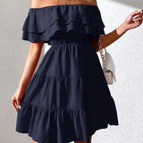 Vestido de mujer con hombros descubiertos - Volantes elegantes - Cintura elástica - Corte acampanado