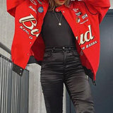 Chaqueta casual roja estampada con cremallera