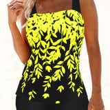 Tankini para mujer – Conjunto cómodo – Estampado de hojas – Corte holgado – Buena cobertura