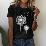 Camiseta de mujer - Cuello redondo - Manga corta - Corte holgado - Estampado gráfico de diente de león