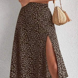 Falda midi para mujer - Cintura alta - Abertura lateral - Tejido ligero y fluido - Estampado floral