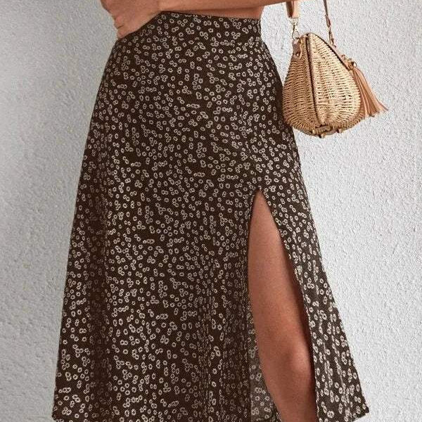 Falda midi para mujer - Cintura alta - Abertura lateral - Tejido ligero y fluido - Estampado floral