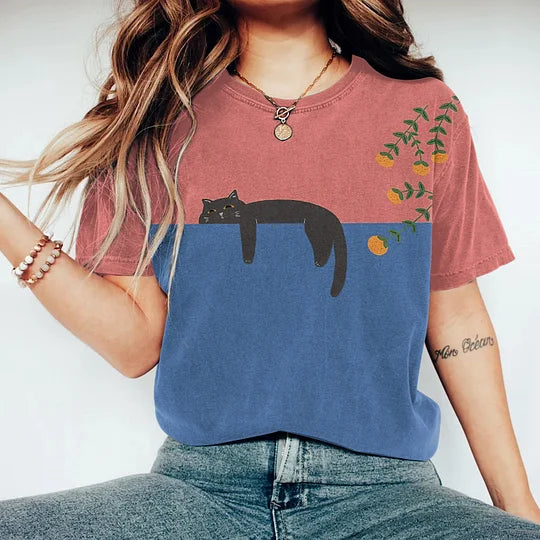 Camiseta de mujer - Corte clásico - Cuello redondo - Estampado gráfico de gato informal