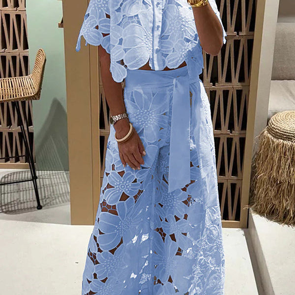 Conjunto de dos piezas para mujer: Encaje floral, Top corto holgado y pantalón ancho de cintura alta.