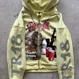 Sudadera informal con capucha extragrande con estampado de grafiti y cierre de cremallera.