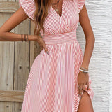 Vestido de mujer - Escote cruzado - Mangas con volantes - Cintura ajustada - Falda acampanada
