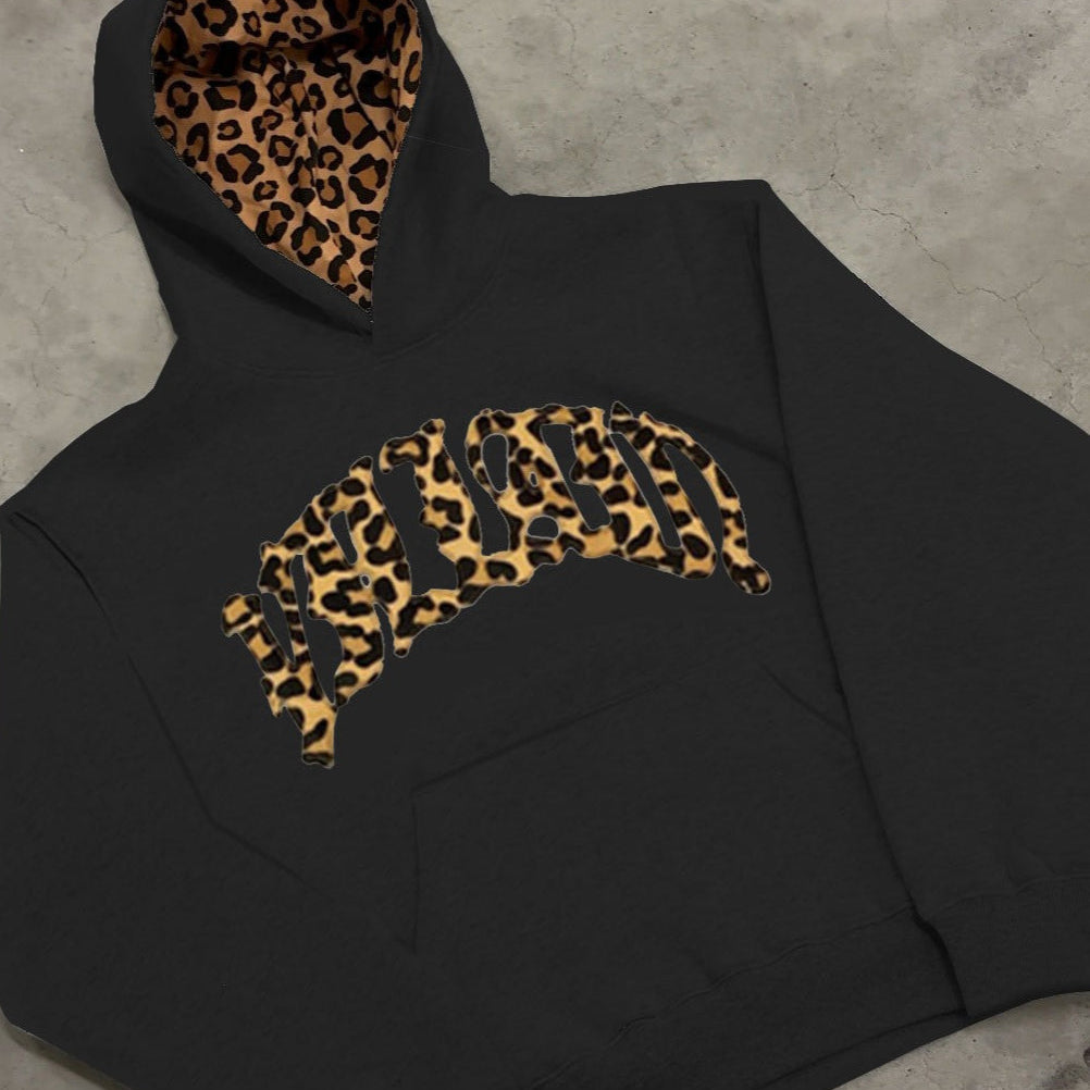 Sudadera con capucha forrada con estampado de leopardo y letras bordadas