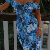 Vestido maxi sexy, sin tirantes, estampado, con volantes y ajustado.