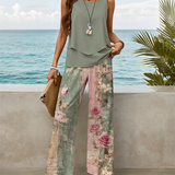 Conjunto de dos piezas para mujer: Top fluido sin mangas, pantalón ancho con estampado floral y tejido transpirable.