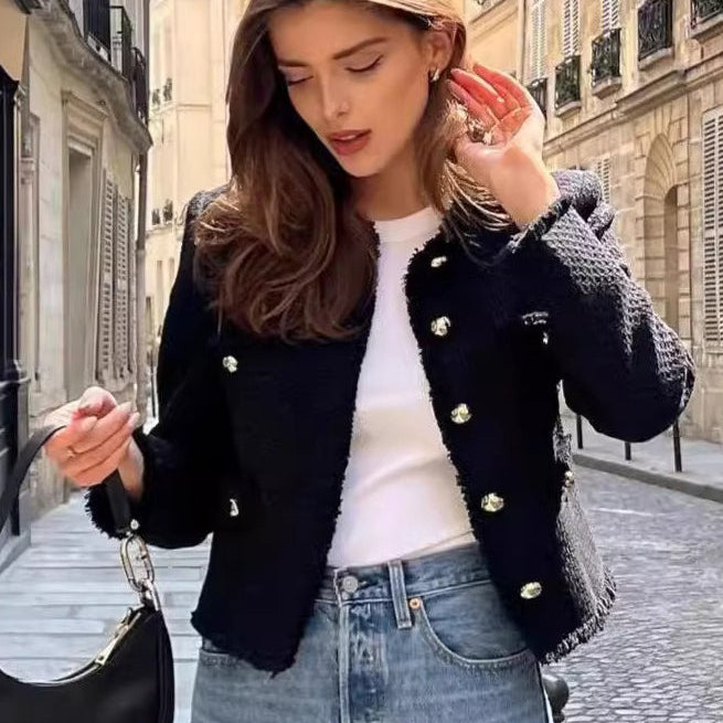 Abrigo de tweed corto de botonadura sencilla