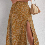 Falda midi para mujer - Cintura alta - Abertura lateral - Tejido ligero y fluido - Estampado floral
