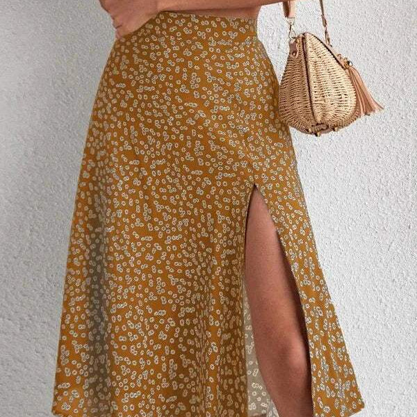 Falda midi para mujer - Cintura alta - Abertura lateral - Tejido ligero y fluido - Estampado floral