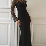 Vestido maxi ajustado sexy en encaje de patchwork y aberturas