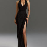 Vestido halter con cuello halter y espalda fruncida