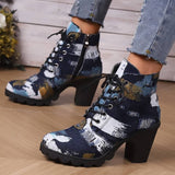 Botines de mujer - Tacón cuadrado - Cordones y cremallera lateral - Estampado artístico de moda