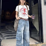 Pantalones cargo de mezclilla holgados y de pierna ancha con múltiples bolsillos