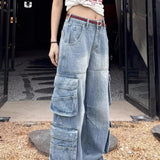 Pantalones cargo de mezclilla holgados y de pierna ancha con múltiples bolsillos