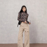 Pantalones cargo acampanados de cintura alta en denim multibolsillos