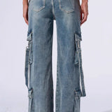 Pantalones cargo de mezclilla de pierna ancha con múltiples bolsillos
