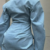 Vestido mini denim con hombreras acolchadas y cuello redondo, cintura atada