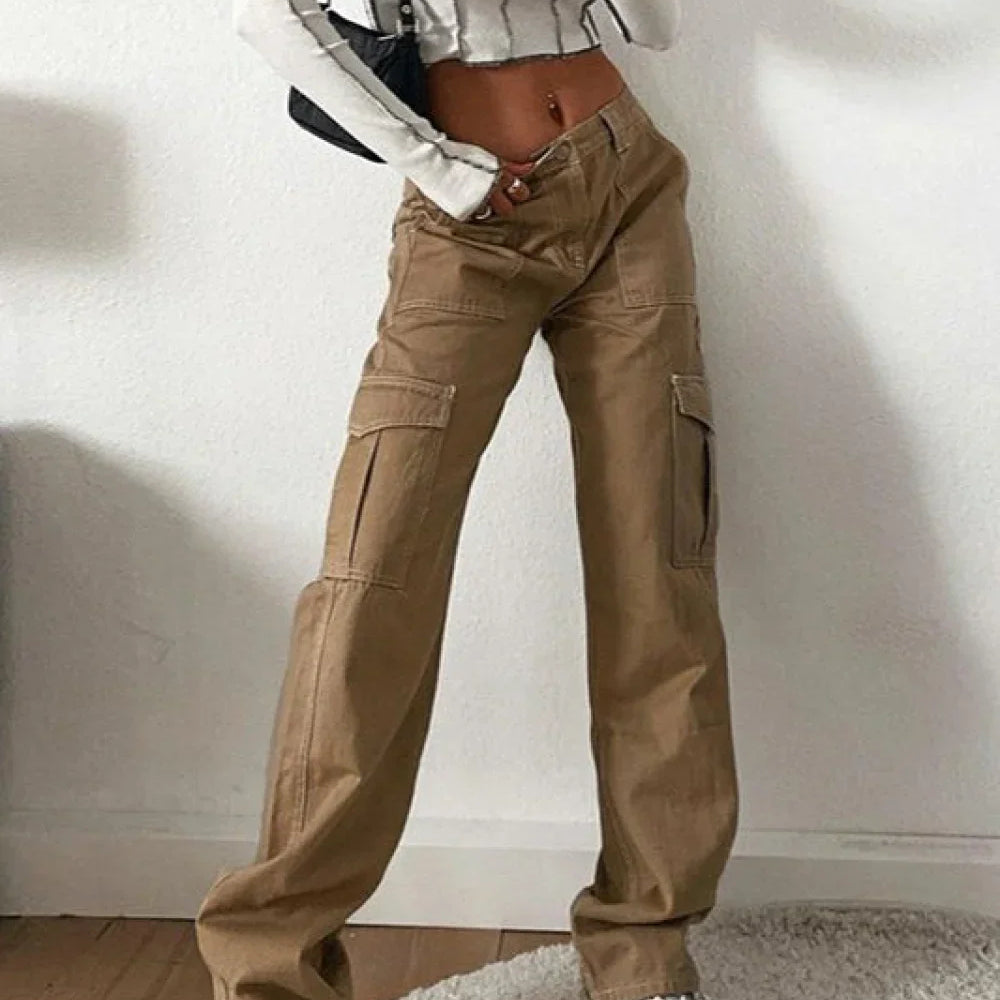 Pantalones cargo de mezclilla urbana de cintura alta y múltiples bolsillos
