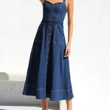 Vestido midi de mezclilla con tirantes, botones al frente, informal y encantador