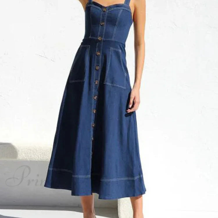 Vestido midi de mezclilla con tirantes, botones al frente, informal y encantador