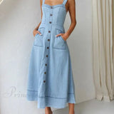 Vestido midi de mezclilla con tirantes, botones al frente, informal y encantador