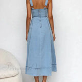 Vestido midi de mezclilla con tirantes, botones al frente, informal y encantador