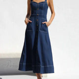 Vestido midi de mezclilla con tirantes, botones al frente, informal y encantador