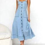 Vestido midi de mezclilla con tirantes, botones al frente, informal y encantador
