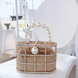 Clutch tipo cesta con diamantes, bolso de noche de lujo en perlas y diamantes para boda o fiesta.