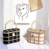 Clutch tipo cesta con diamantes, bolso de noche de lujo en perlas y diamantes para boda o fiesta.