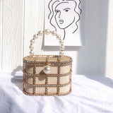 Clutch tipo cesta con diamantes, bolso de noche de lujo en perlas y diamantes para boda o fiesta.