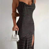 Vestido midi casual de lunares, sin espalda y sin mangas, con abertura, cuello alto y abertura, para mujer