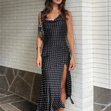Vestido midi casual de lunares, sin espalda y sin mangas, con abertura, cuello alto y abertura, para mujer