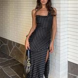 Vestido midi casual de lunares, sin espalda y sin mangas, con abertura, cuello alto y abertura, para mujer