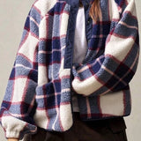 Chaqueta de lana de manga larga con estampado de cuadros de doble polar