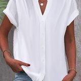 Blusa de mujer - Manga corta con ribetes - Cuello en V - Abotonada - Corte holgado, transpirable