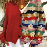 Cárdigan de mujer – Corte holgado – Punto suave – Diseño patchwork – Botones – Estampado floral