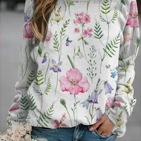 Suéter de mujer – Punto ligero – Corte holgado – Estampado floral – Cuello redondo – Mangas largas