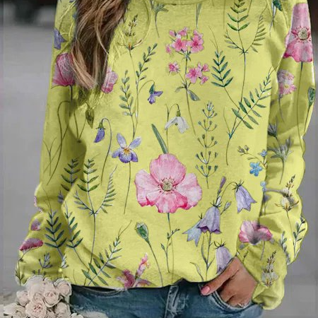 Suéter de mujer – Punto ligero – Corte holgado – Estampado floral – Cuello redondo – Mangas largas