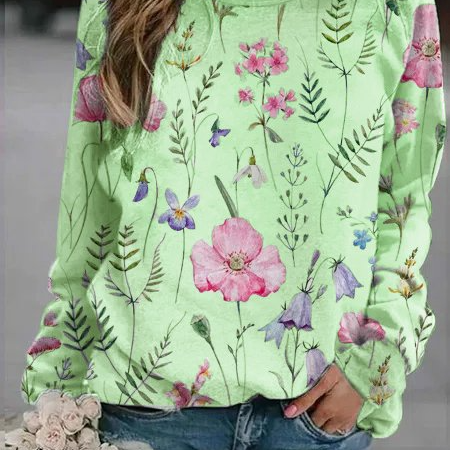Suéter de mujer – Punto ligero – Corte holgado – Estampado floral – Cuello redondo – Mangas largas