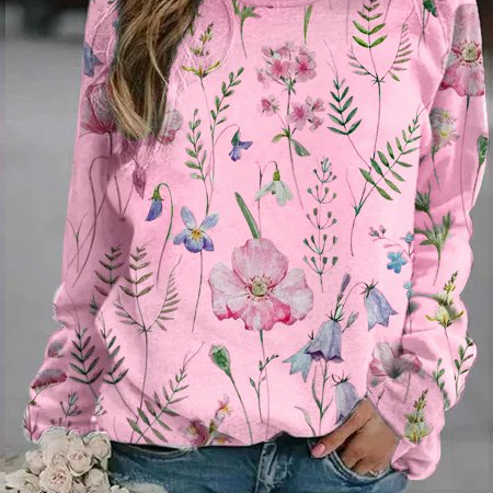 Suéter de mujer – Punto ligero – Corte holgado – Estampado floral – Cuello redondo – Mangas largas