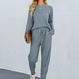 Conjunto de ropa de estar por casa para mujer – Punto acanalado – Corte holgado – Camiseta de manga larga y pantalón con cintura con cordón