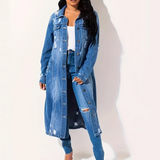 Chaqueta vaquera larga para mujer - Tejido - Corte holgado - Cuello clásico