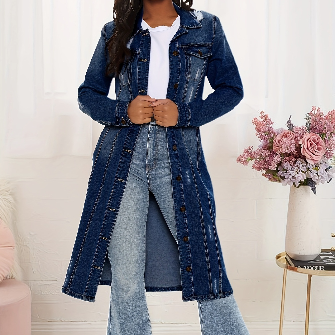 Chaqueta vaquera larga para mujer - Tejido - Corte holgado - Cuello clásico