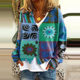 Cárdigan de mujer – Corte holgado – Punto suave – Diseño patchwork – Botones – Estampado floral