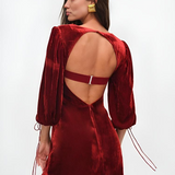 Vestido mini de mujer – Terciopelo de corte entallado – Mangas abullonadas – Escote corazón – Noche