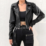 Chaqueta biker para mujer – Corte entallado – Piel sintética – Detalles de cadena – Cremallera asimétrica